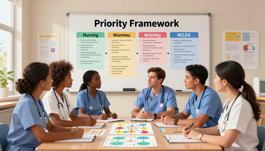 A visually engaging illustration depicting a "Priority Framework" for NCLEX, focusing on the concept of nursing priorities. In the foreground, a diverse group of nurses in professional business attire, including a Black female nurse, a Hispanic male nurse, and an Asian female nurse, engaged in a collaborative discussion around a table filled with colorful charts and diagrams representing various nursing priorities and frameworks. The middle ground showcases a large, well-organized whiteboard filled with key nursing concepts and priority categories, illuminated by soft, warm lighting. The background features a modern classroom setting with educational posters on walls and natural daylight streaming through large windows, creating an inspiring and informative atmosphere. The scene conveys teamwork, focus, and professionalism.