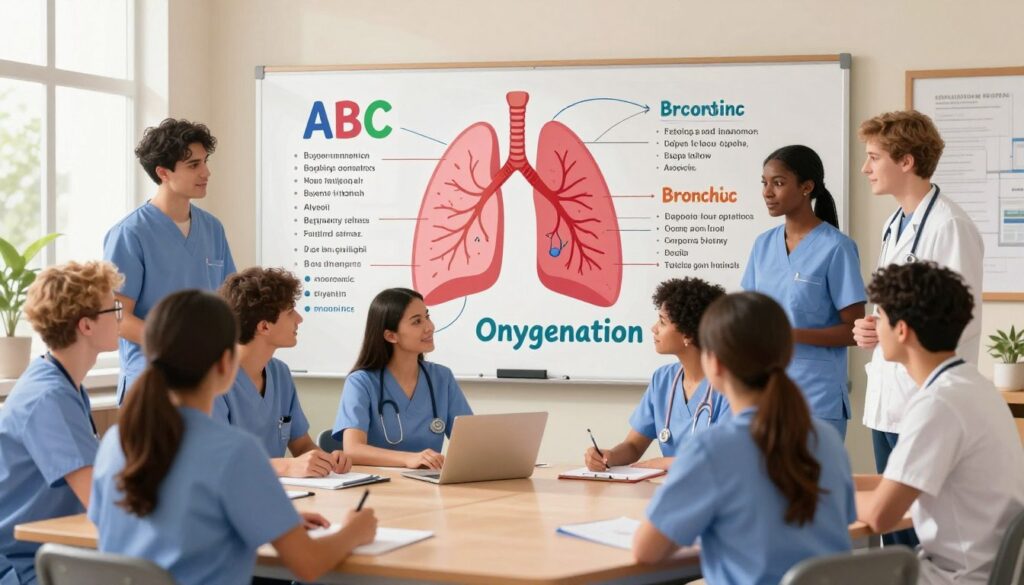 A visually engaging illustration depicting effective memorization techniques for the NCLEX, focusing on the respiratory system mnemonics. In the foreground, a diverse group of nursing students, dressed in professional scrubs, study together with a whiteboard filled with colorful respiratory mnemonics like "ABC" and "Oxygenation" illustrated vividly. The middle section features anatomical diagrams of the lungs, highlighting key areas with labels for concepts like "Alveoli" and "Bronchi." In the background, a bright classroom setting with natural light streaming through large windows, creating a warm and inviting atmosphere conducive to learning. The image captures a sense of collaboration and focus, inspiring the viewer to engage with the study materials effectively.