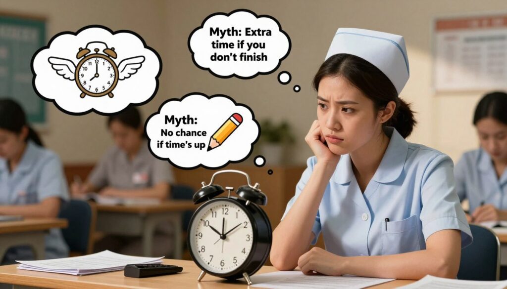 A visually engaging illustration depicting the theme of "NCLEX time limit and testing myths." In the foreground, a professional-looking nurse in business attire sits at a desk, glancing nervously at a clock ticking down, symbolizing the time limit pressure of the NCLEX exam. In the middle ground, various illustrated thought bubbles emerge from the nurse's head, containing mythological representations such as a "Myth: Extra time if you don't finish" portrayed as a clock with wings, and "Myth: No chance if time's up" visualized as a broken pencil. The background features a softly blurred testing environment with exam papers scattered, enhancing the focus on the nurse. The lighting is warm and inviting, emphasizing a thoughtful mood. The image is composed with a slight depth of field to draw attention to the nurse and the myths surrounding the NCLEX timing. A visually engaging illustration depicting the theme of "NCLEX time limit and testing myths." In the foreground, a professional-looking nurse in business attire sits at a desk, glancing nervously at a clock ticking down, symbolizing the time limit pressure of the NCLEX exam. In the middle ground, various illustrated thought bubbles emerge from the nurse's head, containing mythological representations such as a "Myth: Extra time if you don't finish" portrayed as a clock with wings, and "Myth: No chance if time's up" visualized as a broken pencil. The background features a softly blurred testing environment with exam papers scattered, enhancing the focus on the nurse. The lighting is warm and inviting, emphasizing a thoughtful mood. The image is composed with a slight depth of field to draw attention to the nurse and the myths surrounding the NCLEX timing.