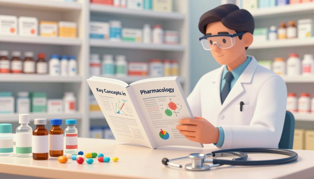 A visually engaging illustration focused on "Key Concepts in Pharmacology". In the foreground, feature a neatly arranged table with colorful pills, vials, and a stethoscope, suggesting a clinical environment. In the middle ground, depict a professional healthcare provider, dressed in a lab coat and safety glasses, studying a large, open pharmacology textbook with graphs and diagrams, conveying a sense of focus and diligence. The background should showcase a well-organized pharmacy shelf with various medication containers and labels, enhancing the educational theme. Use soft, warm lighting to create a welcoming atmosphere, and apply a slight depth of field to emphasize the foreground elements. The overall mood should be professional and informative, ideal for an academic audience.