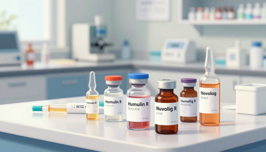 A visually engaging illustration focused on the identification of short-acting insulin types. In the foreground, display several vials of various short-acting insulin (such as Humulin R and Novolog) on a clean, white surface, with clear labels that emphasize their distinctive characteristics. The middle ground features a sterile medical environment, such as a well-organized pharmacy counter with a backdrop of softly blurred medical equipment. Use bright, natural lighting to create a clinical but inviting atmosphere, enhancing the clarity of the insulin vials. The angle should be slightly elevated to provide a comprehensive view of the foreground subject. The overall mood should be educational and professional, aimed at aiding memorization and understanding for NCLEX preparation. A visually engaging illustration focused on the identification of short-acting insulin types. In the foreground, display several vials of various short-acting insulin (such as Humulin R and Novolog) on a clean, white surface, with clear labels that emphasize their distinctive characteristics. The middle ground features a sterile medical environment, such as a well-organized pharmacy counter with a backdrop of softly blurred medical equipment. Use bright, natural lighting to create a clinical but inviting atmosphere, enhancing the clarity of the insulin vials. The angle should be slightly elevated to provide a comprehensive view of the foreground subject. The overall mood should be educational and professional, aimed at aiding memorization and understanding for NCLEX preparation.