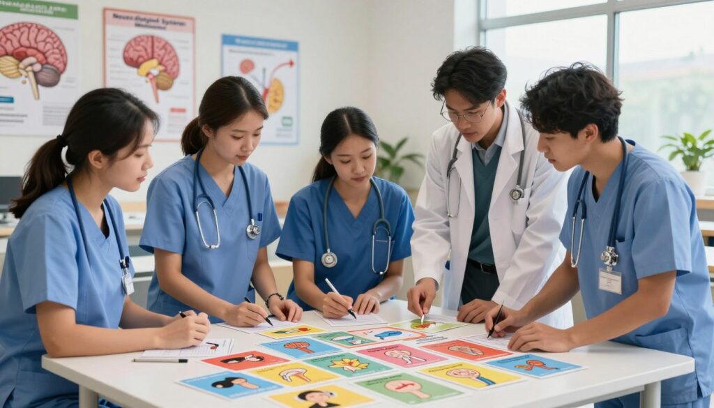 A visually engaging illustration focusing on "Neurological System Mnemonics" tailored for nursing students. In the foreground, a diverse group of three nursing professionals, dressed in smart scrubs and lab coats, collaborate at a large table overflowing with colorful mnemonic flashcards related to neurological concepts. Each flashcard displays creative, memorable images symbolizing key terms like "Cranial Nerves" and "Reflex Arcs." In the middle ground, a lively classroom setting features educational posters depicting brain anatomy and functions. The background includes soft, diffused lighting from large windows, creating an inviting atmosphere conducive to learning. The lens should have a slight depth of field effect, subtly blurring the background to focus on the nurses' teamwork and the mnemonic materials, conveying a mood of innovation and collaboration in nursing education.