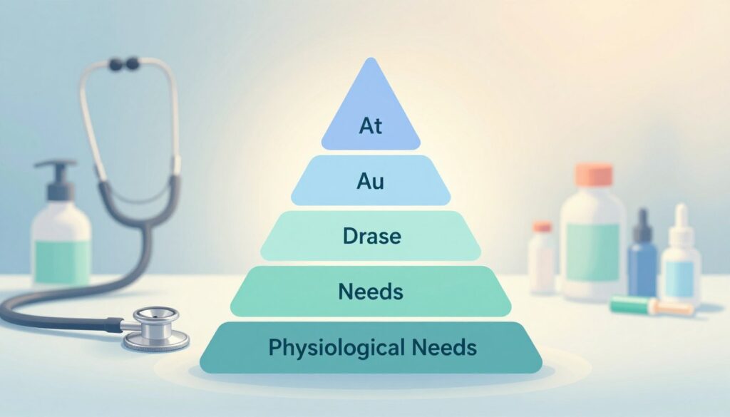 A visually engaging illustration of Maslow's hierarchy specifically tailored for nursing, focusing on the "Physiological Needs" section. In the foreground, display a structured pyramid with clearly defined layers, emphasizing the base layer marked "Physiological Needs." Each section of the pyramid should be distinct, using soft, pastel colors like blues and greens to convey a calm, professional atmosphere. In the middle ground, add an abstract representation of nursing elements like a stethoscope, medical tools, and basic care items, subtly integrated around the pyramid. The background should be a soft gradient, giving a soothing impression, with light rays illuminating the pyramid to symbolize enlightenment in nursing education. The scene should feel reflective and educational, promoting a sense of care and professionalism. A visually engaging illustration of Maslow's hierarchy specifically tailored for nursing, focusing on the "Physiological Needs" section. In the foreground, display a structured pyramid with clearly defined layers, emphasizing the base layer marked "Physiological Needs." Each section of the pyramid should be distinct, using soft, pastel colors like blues and greens to convey a calm, professional atmosphere. In the middle ground, add an abstract representation of nursing elements like a stethoscope, medical tools, and basic care items, subtly integrated around the pyramid. The background should be a soft gradient, giving a soothing impression, with light rays illuminating the pyramid to symbolize enlightenment in nursing education. The scene should feel reflective and educational, promoting a sense of care and professionalism.