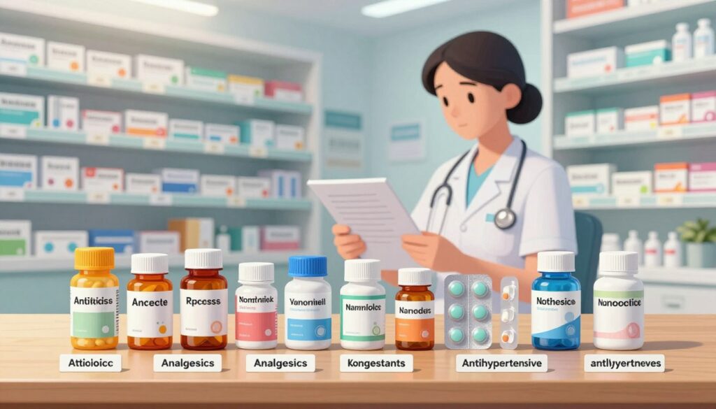 A visually engaging illustration of various medication classifications, laid out on a wooden table in a clinical environment. In the foreground, colorful pill bottles and blister packs organized by classification: antibiotics, analgesics, antidepressants, and antihypertensives, each distinctively labeled. The middle ground features a professional nurse in scrubs, examining a chart of medications with a look of concentration. In the background, a well-lit pharmacy shelf filled with neatly arranged medication boxes, signifying a sense of order and professionalism. Soft overhead lighting enhances the sterile atmosphere, casting gentle shadows. The scene conveys a mood of focus and dedication to patient care, emphasizing the importance of understanding medication classifications in healthcare. A visually engaging illustration of various medication classifications, laid out on a wooden table in a clinical environment. In the foreground, colorful pill bottles and blister packs organized by classification: antibiotics, analgesics, antidepressants, and antihypertensives, each distinctively labeled. The middle ground features a professional nurse in scrubs, examining a chart of medications with a look of concentration. In the background, a well-lit pharmacy shelf filled with neatly arranged medication boxes, signifying a sense of order and professionalism. Soft overhead lighting enhances the sterile atmosphere, casting gentle shadows. The scene conveys a mood of focus and dedication to patient care, emphasizing the importance of understanding medication classifications in healthcare.