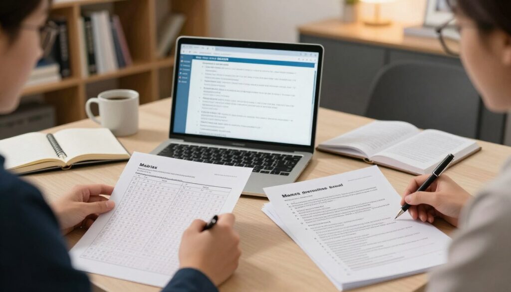A visually engaging image of a comparison between matrix and traditional NCLEX test format, set in a well-organized study space. In the foreground, a detailed view of two types of exam sheets, with the matrix questions showing a grid layout filled with answer choices, while traditional questions are displayed in a linear format. In the middle, an open laptop with NCLEX-related study materials, highlighting the complexity of matrix questions. The background features a bookshelf filled with nursing textbooks and a soft, warm light illuminating the scene, creating a focused and academic atmosphere. The composition should capture the essence of exam preparation, featuring professional business attire individuals thoughtfully reviewing the materials, emphasizing concentration and knowledge acquisition. A visually engaging image of a comparison between matrix and traditional NCLEX test format, set in a well-organized study space. In the foreground, a detailed view of two types of exam sheets, with the matrix questions showing a grid layout filled with answer choices, while traditional questions are displayed in a linear format. In the middle, an open laptop with NCLEX-related study materials, highlighting the complexity of matrix questions. The background features a bookshelf filled with nursing textbooks and a soft, warm light illuminating the scene, creating a focused and academic atmosphere. The composition should capture the essence of exam preparation, featuring professional business attire individuals thoughtfully reviewing the materials, emphasizing concentration and knowledge acquisition.