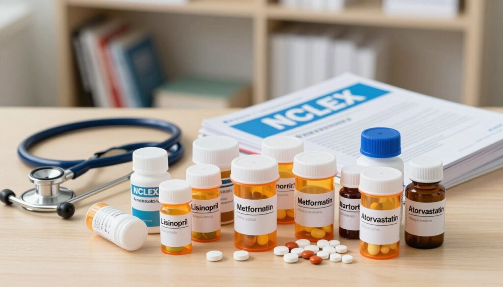 A visually engaging image showcasing an assortment of common medications used in pharmacology for NCLEX preparation. In the foreground, a detailed arrangement of prescription bottles and pill vials, clearly labeled with medication names such as "Lisinopril," "Metformin," and "Atorvastatin." The middle layer features an organized table with a stethoscope and an open NCLEX study guide, highlighting the importance of pharmacology in nursing education. The background includes a softly blurred clinical setting, with bookshelves filled with medical texts. Use natural lighting to create a warm and inviting atmosphere, focusing on a slight top-down angle to capture the details of the medications prominently. The overall mood is scholarly and focused, ideal for educational content related to nursing pharmacology. A visually engaging image showcasing an assortment of common medications used in pharmacology for NCLEX preparation. In the foreground, a detailed arrangement of prescription bottles and pill vials, clearly labeled with medication names such as "Lisinopril," "Metformin," and "Atorvastatin." The middle layer features an organized table with a stethoscope and an open NCLEX study guide, highlighting the importance of pharmacology in nursing education. The background includes a softly blurred clinical setting, with bookshelves filled with medical texts. Use natural lighting to create a warm and inviting atmosphere, focusing on a slight top-down angle to capture the details of the medications prominently. The overall mood is scholarly and focused, ideal for educational content related to nursing pharmacology.