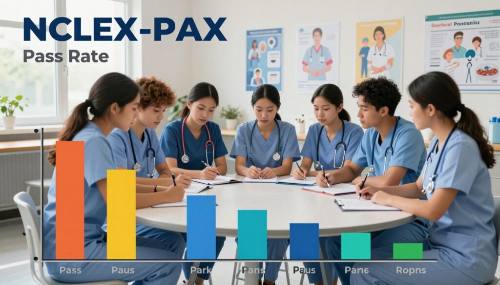 A visually engaging infographic illustrating NCLEX pass rate statistics. In the foreground, a bar graph displays the pass rates in vibrant colors, with distinct sections representing different nursing programs. In the middle, diverse nursing students in professional attire are shown studying together at a round table, looking focused and collaborative, representing teamwork in nursing education. The background features a well-lit, modern nursing classroom, with posters of nursing concepts on walls and a large window allowing natural light to filter in. The atmosphere is motivational and inspiring, symbolizing the dedication and hard work of aspiring nurses. The composition focuses on clarity, with a blend of statistics and relatable human elements, conveying hope and achievement without any text or distractions.