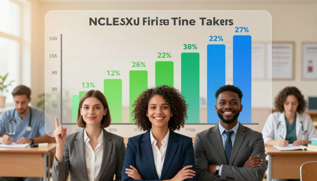 A visually engaging infographic illustrating the concept of successful NCLEX first-time takers. In the foreground, a diverse group of three individuals dressed in professional business attire, including a woman in a tailored blazer and men in smart suits, displaying a sense of accomplishment and pride. In the middle ground, a large, transparent bar graph depicting various statistics related to NCLEX pass rates, with vibrant colors like green and blue, symbolizing success. In the background, a soft-focus classroom setting with nursing books and study materials, bathed in warm, confident lighting to evoke a sense of achievement and professionalism. The atmosphere should be uplifting and motivational, highlighting the importance of practice tests in preparing for the NCLEX examination.