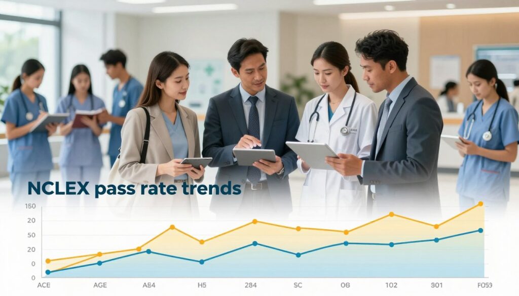 A visually engaging infographic representing "NCLEX pass rate trends." In the foreground, vibrant line graphs showcasing varying pass rates over the years with different colors representing demographics such as age, ethnicity, and educational background. The middle layer features diverse nursing professionals in professional business attire, analyzing the data on digital tablets and discussing trends. The background displays a modern medical facility, with blurred figures of nursing students studying and taking notes. Soft, warm lighting enhances the atmosphere, suggesting an optimistic approach to education and success. The composition is balanced and informative, designed to visually capture the essence of demographic trends in NCLEX pass rates without any text or overlays.