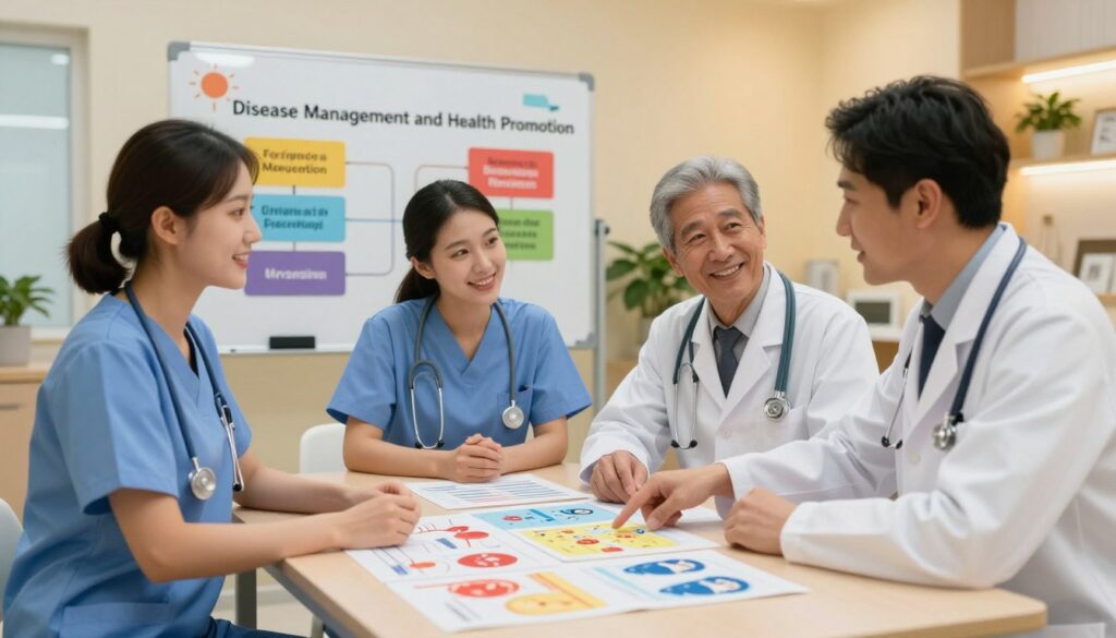 A visually engaging representation of "Disease Management and Health Promotion" in a cozy, well-lit healthcare setting. In the foreground, a diverse group of three healthcare professionals—two nurses and a doctor—are discussing patient care strategies around a large table filled with colorful charts and medical diagrams. The nurses, dressed in professional scrubs, are smiling and animated, while the doctor, in a lab coat, is pointing to a chart on the table. In the middle ground, a whiteboard displays key topics related to disease management in vibrant colors, emphasizing health promotion themes. The background features a warm, inviting clinic environment with soft lighting and plants, conveying a supportive atmosphere focused on wellness and education. The composition is balanced, fostering a sense of teamwork and professionalism.