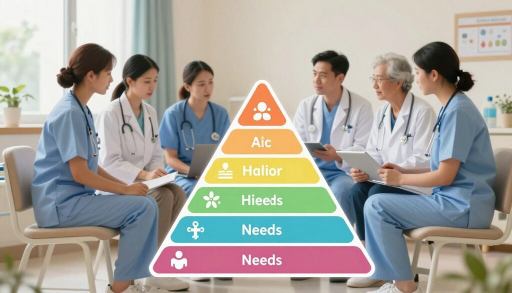 A visually engaging representation of Maslow’s Hierarchy of Needs as applied in nursing, featuring a vibrant pyramid design in the foreground, with each tier clearly labeled and represented by relevant nursing symbols. The middle layer includes medical professionals, dressed in professional attire, discussing patient care strategies around a hospital setting. The background showcases a serene healthcare environment, with soft lighting emphasizing a calming atmosphere. Use a warm color palette to convey safety and support, while natural light filters through large windows, creating a sense of hope and wellness. The overall composition should evoke a feeling of professionalism, compassion, and the importance of patient-centered care, capturing the essence of prioritizing needs in nursing practice.