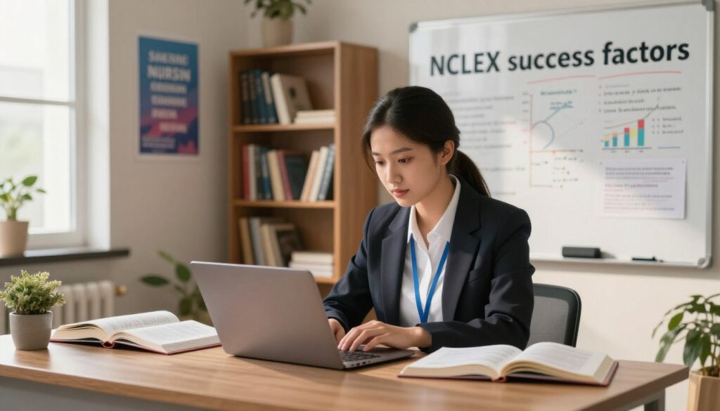 A visually engaging representation of "NCLEX success factors" featuring a dedicated nursing student studying in a cozy, well-lit study space. In the foreground, a student dressed in professional business attire, surrounded by open textbooks and study materials, deeply focused on a laptop. The middle ground includes a whiteboard filled with study notes and colorful graphs illustrating key nursing concepts. The background showcases a warm, inviting environment with bookshelves filled with medical books and a motivational poster about nursing success on the wall. Soft, natural lighting filters through a window, casting gentle shadows and creating a calm, inspiring atmosphere, symbolizing confidence and readiness for the NCLEX exam. A visually engaging representation of "NCLEX success factors" featuring a dedicated nursing student studying in a cozy, well-lit study space. In the foreground, a student dressed in professional business attire, surrounded by open textbooks and study materials, deeply focused on a laptop. The middle ground includes a whiteboard filled with study notes and colorful graphs illustrating key nursing concepts. The background showcases a warm, inviting environment with bookshelves filled with medical books and a motivational poster about nursing success on the wall. Soft, natural lighting filters through a window, casting gentle shadows and creating a calm, inspiring atmosphere, symbolizing confidence and readiness for the NCLEX exam.