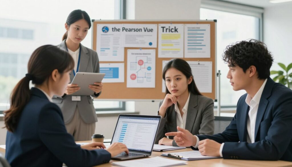 A visually engaging representation of alternatives to the Pearson Vue Trick, featuring a diverse group of four professionals in a modern office setting. In the foreground, two women in business attire are discussing test results over a laptop, while a man in a blazer looks on thoughtfully. In the middle ground, a bulletin board is filled with various study materials, flowcharts, and alternative strategies for exam preparation. The background showcases a bright office window with natural light flooding in, emphasizing a collaborative atmosphere. The image conveys a sense of determination and innovation, with soft focus on the outside world, adding a sense of hope and opportunity in the realm of professional examinations. Use a crisp, clear lens effect to enhance details, with warm lighting to create an inviting environment.