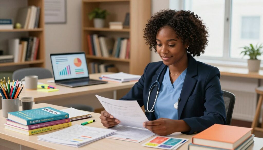 A visually engaging scene depicting a professional setting focused on studying for NCLEX prioritization questions. In the foreground, a confident Black female nurse in a smart business outfit, surrounded by colorful study materials, textbooks, and flashcards, demonstrating effective learning strategies. In the middle ground, a desk filled with note-taking supplies, highlighters, and a laptop displaying illustrative graphs and charts relevant to prioritization. The background features a softly lit library or study room with shelves of medical books and calming decor, creating a focused and inspiring atmosphere. Natural light streaming through a window adds warmth, reflecting a positive mood conducive to learning. The composition should convey dedication and the pursuit of knowledge, without any text or distractions.