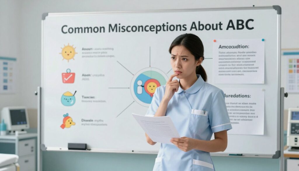 A visually engaging scene illustrating "Common Misconceptions About ABC" in a professional setting. In the foreground, a female nurse in a smart business outfit considers a document with a puzzled expression, symbolizing confusion. In the middle ground, a large whiteboard filled with illustrative diagrams and misconceptions about ABC, with clear, colorful icons representing common myths versus facts. The background features a well-lit hospital room, showcasing medical charts and equipment that hint at a clinical environment. The lighting is bright and natural, enhancing clarity and focus on the nurse and the board. The mood is informative and thought-provoking, designed to engage the viewer in a deeper understanding of the topic. A visually engaging scene illustrating "Common Misconceptions About ABC" in a professional setting. In the foreground, a female nurse in a smart business outfit considers a document with a puzzled expression, symbolizing confusion. In the middle ground, a large whiteboard filled with illustrative diagrams and misconceptions about ABC, with clear, colorful icons representing common myths versus facts. The background features a well-lit hospital room, showcasing medical charts and equipment that hint at a clinical environment. The lighting is bright and natural, enhancing clarity and focus on the nurse and the board. The mood is informative and thought-provoking, designed to engage the viewer in a deeper understanding of the topic.