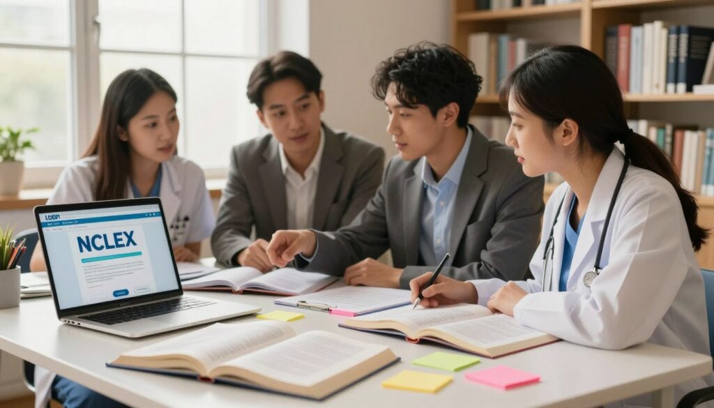 A visually engaging scene showcasing a variety of top NCLEX review programs. In the foreground, a neatly arranged study table with open textbooks, colorful sticky notes, and a laptop displaying a well-designed online course interface. In the middle ground, a diverse group of three nursing students in professional business attire, intensely discussing materials while pointing at the screen, reflecting collaboration and focus. In the background, a large window allows warm, natural light to illuminate the room, creating a cozy, inviting atmosphere. The room has a soft color palette, with bookshelves filled with nursing texts, enhancing the educational ambiance. The image conveys motivation, professionalism, and the spirit of learning essential for NCLEX preparation.