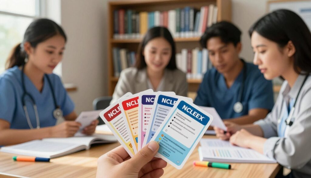 A visually engaging study scene centered around NCLEX flashcards, positioned prominently in the foreground, displaying colorful, informative graphics on the cards. The middle ground features a diverse group of three nursing students, dressed in professional business attire, focused on reviewing the cards together. They are seated at a well-organized wooden table, with textbooks and highlighters scattered around, symbolizing collaboration and study. The background includes a soft-focus bookshelf filled with nursing textbooks, representing a scholarly environment. Natural sunlight streams through a nearby window, creating a warm and inviting atmosphere that encourages learning and motivation. The overall mood is energetic and collaborative, perfect for illustrating the benefits of NCLEX flashcards in a study setting. A visually engaging study scene centered around NCLEX flashcards, positioned prominently in the foreground, displaying colorful, informative graphics on the cards. The middle ground features a diverse group of three nursing students, dressed in professional business attire, focused on reviewing the cards together. They are seated at a well-organized wooden table, with textbooks and highlighters scattered around, symbolizing collaboration and study. The background includes a soft-focus bookshelf filled with nursing textbooks, representing a scholarly environment. Natural sunlight streams through a nearby window, creating a warm and inviting atmosphere that encourages learning and motivation. The overall mood is energetic and collaborative, perfect for illustrating the benefits of NCLEX flashcards in a study setting.