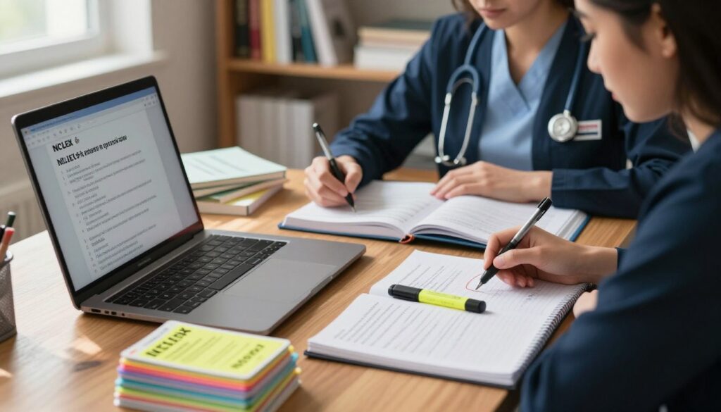 A visually engaging study scene depicting NCLEX practice questions and materials. In the foreground, a wooden desk cluttered with a laptop displaying sample NCLEX questions and a stack of brightly colored flashcards. A highlighter and notebook are open next to the computer, with annotations visible. In the middle ground, an individual in professional attire, focused and immersed in studying, sits with pens and textbooks scattered around. The background features a soft-focus bookshelf filled with nursing textbooks and resources. Natural sunlight filters through a nearby window, casting gentle shadows and creating a studious atmosphere. The overall mood is one of concentration and preparedness, highlighting the importance of practice tests for nursing students.