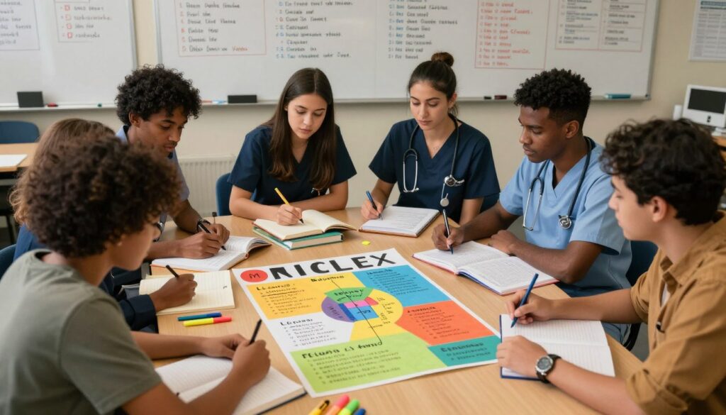 A visually engaging tableau depicting a study scene focused on NCLEX lab values mnemonics. In the foreground, a diverse group of nursing students are gathered around a large, colorful poster featuring mnemonic devices like charts and diagrams, each dressed in professional, modest attire. The middle ground includes a table cluttered with textbooks, highlighters, and notebooks, creating an atmosphere of intensive studying. In the background, a well-lit classroom setting with whiteboards displaying key lab values and mnemonic phrases. The lighting is warm and inviting, enhancing the sense of teamwork and collaboration. The angle is slightly above eye level, capturing the group dynamic and the vibrant colors of the mnemonics, fostering a motivational and focused mood for study. A visually engaging tableau depicting a study scene focused on NCLEX lab values mnemonics. In the foreground, a diverse group of nursing students are gathered around a large, colorful poster featuring mnemonic devices like charts and diagrams, each dressed in professional, modest attire. The middle ground includes a table cluttered with textbooks, highlighters, and notebooks, creating an atmosphere of intensive studying. In the background, a well-lit classroom setting with whiteboards displaying key lab values and mnemonic phrases. The lighting is warm and inviting, enhancing the sense of teamwork and collaboration. The angle is slightly above eye level, capturing the group dynamic and the vibrant colors of the mnemonics, fostering a motivational and focused mood for study.