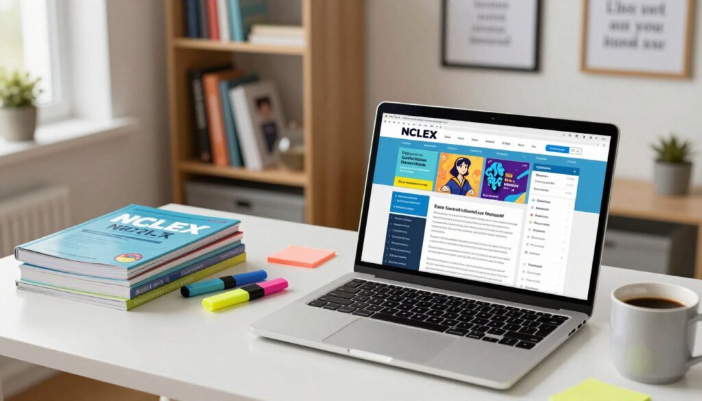 A visually engaging workspace featuring a computer displaying various NCLEX study resources online. In the foreground, a laptop screen showcases colorful study materials, such as digital flashcards and online course modules. Next to the laptop, there are stacks of study guides and annotated textbooks. In the middle ground, a modern desk cluttered with highlighters, sticky notes, and a mug of coffee sets a focused atmosphere. The background includes a well-lit bookshelf filled with nursing textbooks and motivational quotes framed on the wall. Soft, natural light filters through a window, creating a welcoming, productive ambiance. The overall mood is inspiring and organized, perfect for effective study sessions.