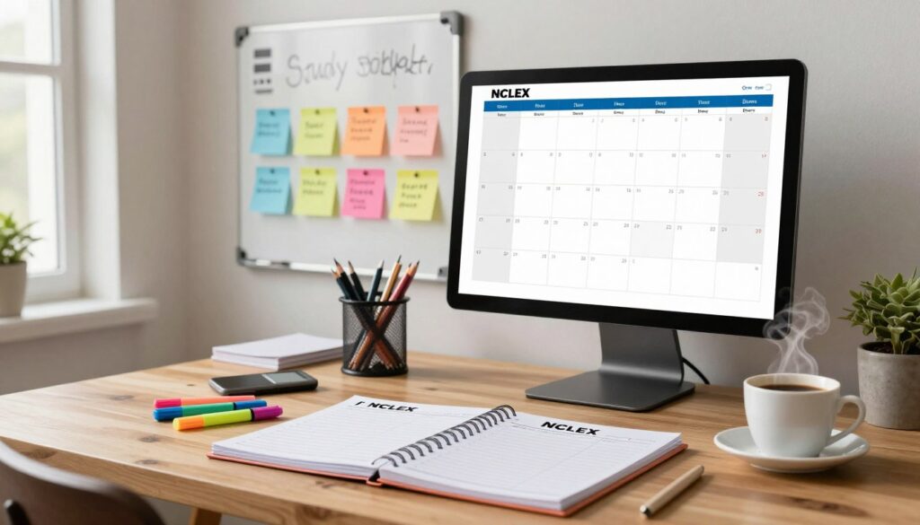 A visually engaging workspace featuring a detailed NCLEX study schedule prominently displayed on a wooden desk. In the foreground, include a neatly organized planner, highlighters, and a cup of coffee steaming gently, conveying focus and productivity. In the middle ground, a wall-mounted whiteboard showcases colorful sticky notes with key study topics, and a large printed calendar outlining a balanced study routine. The background features soft, natural light streaming through a window, creating a warm and inviting atmosphere. Use a wide-angle perspective to capture the entire scene, ensuring that the elements reflect a sense of order and motivation. The overall mood should inspire diligence and commitment to a successful NCLEX preparation journey.