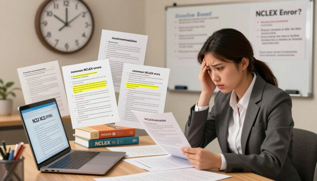 A visually striking and educational illustration depicting "common NCLEX errors" related to misunderstanding questions. In the foreground, a student in professional business attire sits at a study desk, looking confused while reviewing an NCLEX practice exam. The middle layer features exam papers scattered with highlighted misconceptions, alongside study materials like textbooks and a laptop displaying a question. The background includes a large clock on the wall to represent time management and a whiteboard filled with key nursing concepts, adding depth. Soft, warm lighting to create a focused yet tense atmosphere, captured from a slightly elevated angle to emphasize the chaotic study environment. The scene evokes a sense of frustration and determination in preparing for the NCLEX exam. A visually striking and educational illustration depicting "common NCLEX errors" related to misunderstanding questions. In the foreground, a student in professional business attire sits at a study desk, looking confused while reviewing an NCLEX practice exam. The middle layer features exam papers scattered with highlighted misconceptions, alongside study materials like textbooks and a laptop displaying a question. The background includes a large clock on the wall to represent time management and a whiteboard filled with key nursing concepts, adding depth. Soft, warm lighting to create a focused yet tense atmosphere, captured from a slightly elevated angle to emphasize the chaotic study environment. The scene evokes a sense of frustration and determination in preparing for the NCLEX exam.