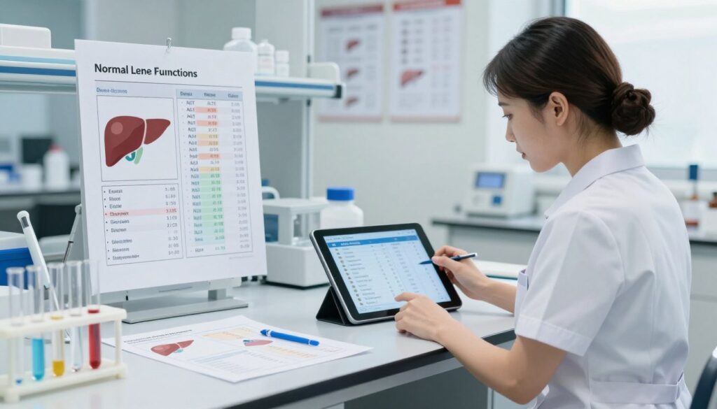A visually striking and informative composition featuring an organized display of normal lab values for liver function tests. In the foreground, include a professional lab table with glass test tubes and pipettes, alongside color-coded charts indicating key liver enzymes like ALT, AST, and bilirubin levels. The middle ground should present a focused view of a nurse in professional attire, attentively analyzing a digital tablet that displays liver function data. The background should subtly show a well-lit laboratory setting with medical equipment and charts hanging on the walls, emphasizing a clinical atmosphere. Use bright, natural lighting to convey clarity and professionalism. The overall mood is analytical and educational, providing a clear representation of important health metrics. A visually striking and informative composition featuring an organized display of normal lab values for liver function tests. In the foreground, include a professional lab table with glass test tubes and pipettes, alongside color-coded charts indicating key liver enzymes like ALT, AST, and bilirubin levels. The middle ground should present a focused view of a nurse in professional attire, attentively analyzing a digital tablet that displays liver function data. The background should subtly show a well-lit laboratory setting with medical equipment and charts hanging on the walls, emphasizing a clinical atmosphere. Use bright, natural lighting to convey clarity and professionalism. The overall mood is analytical and educational, providing a clear representation of important health metrics.