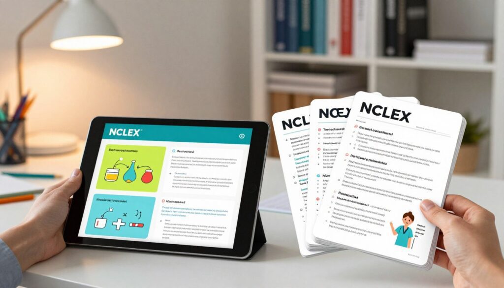 A visually striking comparison of NCLEX flashcards, showcasing digital and physical formats. In the foreground, a hand holds a vibrant digital flashcard displayed on a tablet, glowing with colorful diagrams and study notes. Next to it, a neat stack of traditional paper flashcards sits, featuring clear, concise nursing concepts and illustrations. In the middle ground, a study desk with a cozy ambiance is visible, adorned with a warm desk lamp casting soft light, and scattered stationery. The background showcases a well-organized bookshelf filled with nursing textbooks, enhancing the educational atmosphere. Use a slightly blurred lens effect to emphasize the flashcards in the foreground, creating a inviting study environment that conveys focus and motivation for nursing students. The mood is bright and encouraging, representing the journey to succeed in the NCLEX exam. A visually striking comparison of NCLEX flashcards, showcasing digital and physical formats. In the foreground, a hand holds a vibrant digital flashcard displayed on a tablet, glowing with colorful diagrams and study notes. Next to it, a neat stack of traditional paper flashcards sits, featuring clear, concise nursing concepts and illustrations. In the middle ground, a study desk with a cozy ambiance is visible, adorned with a warm desk lamp casting soft light, and scattered stationery. The background showcases a well-organized bookshelf filled with nursing textbooks, enhancing the educational atmosphere. Use a slightly blurred lens effect to emphasize the flashcards in the foreground, creating a inviting study environment that conveys focus and motivation for nursing students. The mood is bright and encouraging, representing the journey to succeed in the NCLEX exam.
