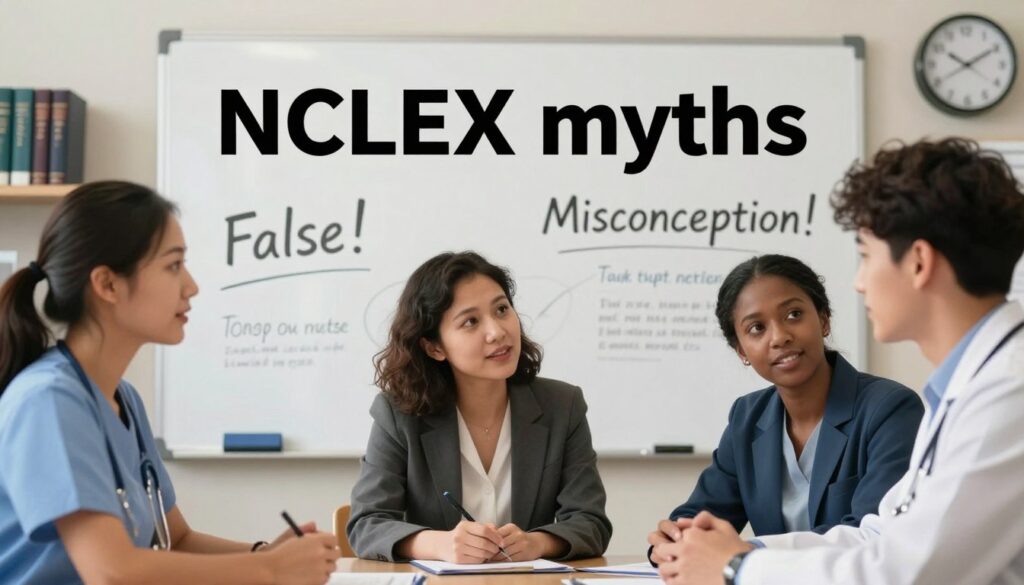 A visually striking composition illustrating "NCLEX myths" in an educational and informative style. In the foreground, a diverse group of three professional individuals—two women and one man—are gathered around a table, engaging in a lively discussion. They are dressed in business attire, emphasizing their role as test-takers. In the middle ground, a large, semi-transparent whiteboard displays various myth-related keywords like "False!" and "Misconception!" in stylized, bold text. In the background, a subtle blend of blurred nursing textbooks and a clock ticking away creates a sense of urgency and scholarship. The lighting is bright and focused, highlighting the faces of the individuals, with a warm mood that inspires camaraderie and a sense of overcoming challenges. The camera angle is slightly above eye level, creating a dynamic perspective while maintaining clarity.