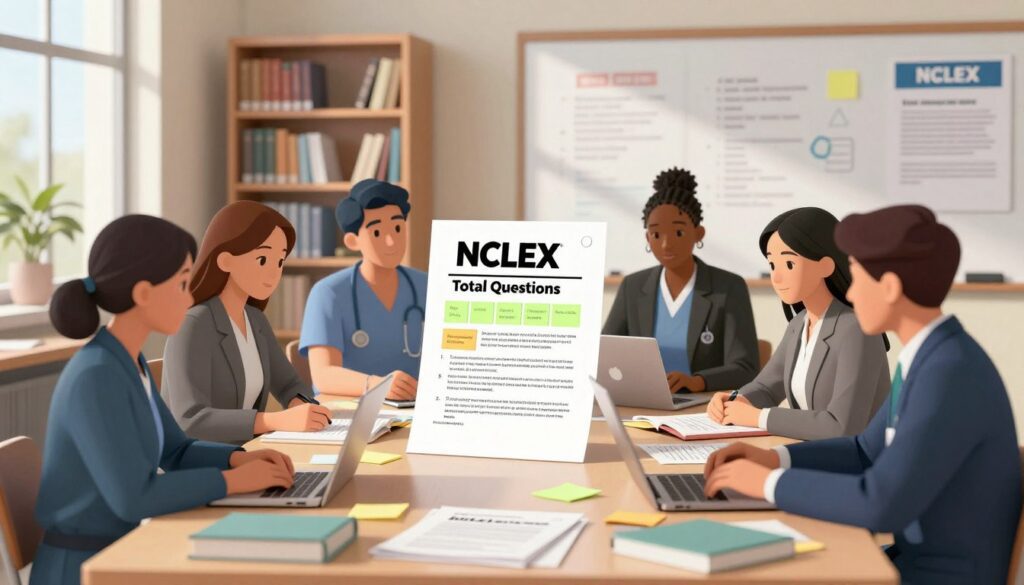 A visually striking illustration depicting the concept of "NCLEX inquiry total" in a professional and educational setting. In the foreground, show a diverse group of nursing students, dressed in professional business attire, engaging in a study session around a large table cluttered with NCLEX study materials, textbooks, and laptops. In the middle, emphasize a prominent NCLEX exam paper with a highlighted section titled "Total Questions," surrounded by colorful post-it notes and reference documents. The background features a soft-focus view of an academic environment, with shelves of medical books and a whiteboard filled with nursing concepts. Use natural daylight streaming through a window, casting gentle shadows, creating an informative and focused atmosphere that reflects the seriousness of the NCLEX exam. A visually striking illustration depicting the concept of "NCLEX inquiry total" in a professional and educational setting. In the foreground, show a diverse group of nursing students, dressed in professional business attire, engaging in a study session around a large table cluttered with NCLEX study materials, textbooks, and laptops. In the middle, emphasize a prominent NCLEX exam paper with a highlighted section titled "Total Questions," surrounded by colorful post-it notes and reference documents. The background features a soft-focus view of an academic environment, with shelves of medical books and a whiteboard filled with nursing concepts. Use natural daylight streaming through a window, casting gentle shadows, creating an informative and focused atmosphere that reflects the seriousness of the NCLEX exam.