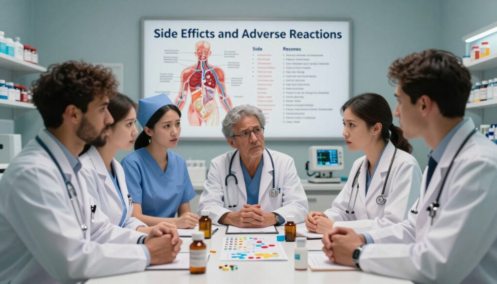 A visually striking illustration representing "Side Effects and Adverse Reactions" in pharmacology. In the foreground, a diverse group of healthcare professionals in professional attire, including a doctor, a nurse, and a pharmacist, are gathered around a table filled with various medication bottles and charts. Their expressions show concern and focus as they engage in discussion. In the middle ground, detailed visual elements such as anatomy diagrams and side effect lists are displayed prominently, suggesting the complexity of pharmacological knowledge. The background features a modern healthcare setting with shelves of medications and medical equipment, softly illuminated by warm, inviting lighting that creates a contemplative atmosphere. The overall mood conveys urgency and professionalism, highlighting the importance of understanding medication impacts on patient health. A visually striking illustration representing "Side Effects and Adverse Reactions" in pharmacology. In the foreground, a diverse group of healthcare professionals in professional attire, including a doctor, a nurse, and a pharmacist, are gathered around a table filled with various medication bottles and charts. Their expressions show concern and focus as they engage in discussion. In the middle ground, detailed visual elements such as anatomy diagrams and side effect lists are displayed prominently, suggesting the complexity of pharmacological knowledge. The background features a modern healthcare setting with shelves of medications and medical equipment, softly illuminated by warm, inviting lighting that creates a contemplative atmosphere. The overall mood conveys urgency and professionalism, highlighting the importance of understanding medication impacts on patient health.