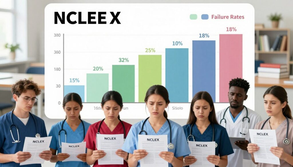 A visually striking infographic representing NCLEX statistics, focusing on failure rates. In the foreground, a diverse group of nursing students, dressed in professional attire, stands together with concerned expressions, holding NCLEX result reports. In the middle, emphasize a large bar graph illustrating NCLEX failure rates, with various colors highlighting different statistics, such as state-wise failure rates and overall national averages. In the background, a blurred classroom setting with nursing books and study materials creates an academic atmosphere. The lighting is bright and clinical, suggesting a serious yet hopeful mood. The angle is slightly elevated, providing a comprehensive view of the statistical data alongside the students’ reactions, reflecting the challenges faced by aspiring nurses.