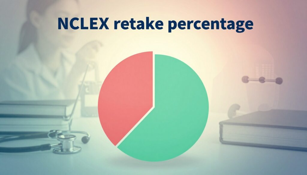 A visually striking infographic-style image illustrating the concept of "NCLEX retake percentage." In the foreground, a stylized pie chart prominently displays failure and success rates, using a blend of soft reds for failures and calming greens for successes. In the middle, a subtle gradient background features abstract shapes that symbolize the journey of nursing students. The background includes a faint outline of nursing tools such as stethoscopes and books, representing the learning process. Soft, diffused lighting casts an optimistic glow, highlighting the importance of perseverance in the nursing field. The overall mood should be one of seriousness but tinged with hope, inviting viewers to reflect on the impact of NCLEX failure on aspiring nurses.