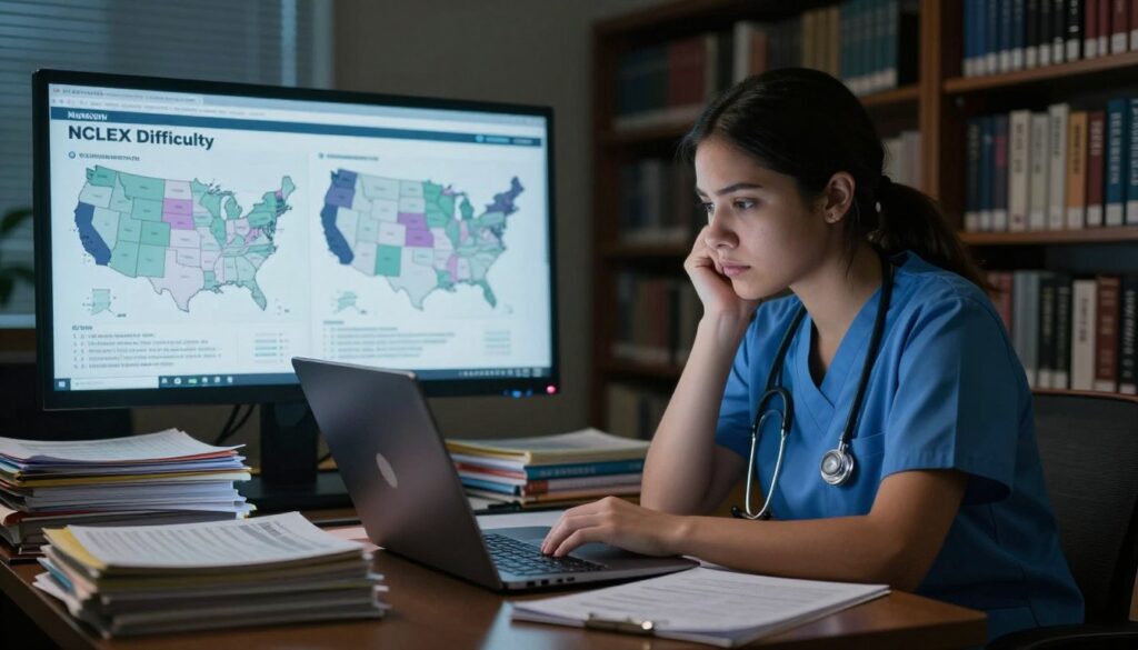 A visually striking scene depicting the challenges faced by nursing candidates taking the NCLEX exam in high-difficulty states. In the foreground, show a thoughtful nursing student, dressed in professional attire, sitting at a study desk cluttered with NCLEX study materials, focusing intensely on a laptop screen. The middle ground features charts and graphs displaying state variations in difficulty, illuminated with soft artificial lighting to enhance clarity. The background consists of a dimly lit library or study room filled with shelves of medical textbooks, conveying a sense of academic pressure. The atmosphere should be one of determination and seriousness, with a hint of anxiety, represented by shadows and cool tones. Capture the essence of a crucial moment in a nursing career, emphasizing the weight of the challenge ahead. A visually striking scene depicting the challenges faced by nursing candidates taking the NCLEX exam in high-difficulty states. In the foreground, show a thoughtful nursing student, dressed in professional attire, sitting at a study desk cluttered with NCLEX study materials, focusing intensely on a laptop screen. The middle ground features charts and graphs displaying state variations in difficulty, illuminated with soft artificial lighting to enhance clarity. The background consists of a dimly lit library or study room filled with shelves of medical textbooks, conveying a sense of academic pressure. The atmosphere should be one of determination and seriousness, with a hint of anxiety, represented by shadows and cool tones. Capture the essence of a crucial moment in a nursing career, emphasizing the weight of the challenge ahead.