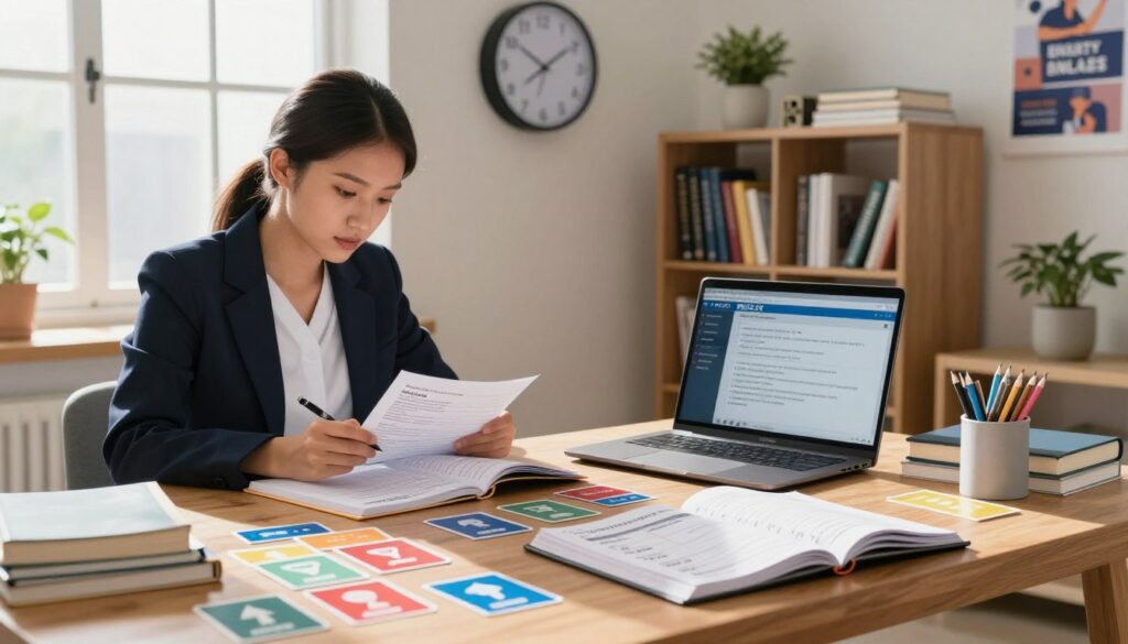 A visually striking study scene set in a bright, well-organized study room. In the foreground, a wooden desk is cluttered with colorful flashcards, a laptop displaying NCLEX-related materials, and an open planner filled with time management strategies. To the left, a confident, professional-looking woman in business attire is intently reviewing her notes, demonstrating focus and determination. In the middle of the room, a wall clock emphasizes the importance of time management, casting gentle shadows across the materials. The background features a cozy bookshelf filled with nursing textbooks and motivational posters. Soft, natural lighting filters through a window, creating a warm and inviting atmosphere that encourages effective studying. The overall mood is inspiring and focused. A visually striking study scene set in a bright, well-organized study room. In the foreground, a wooden desk is cluttered with colorful flashcards, a laptop displaying NCLEX-related materials, and an open planner filled with time management strategies. To the left, a confident, professional-looking woman in business attire is intently reviewing her notes, demonstrating focus and determination. In the middle of the room, a wall clock emphasizes the importance of time management, casting gentle shadows across the materials. The background features a cozy bookshelf filled with nursing textbooks and motivational posters. Soft, natural lighting filters through a window, creating a warm and inviting atmosphere that encourages effective studying. The overall mood is inspiring and focused.