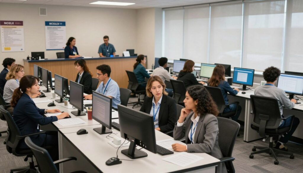 A well-lit NCLEX testing center, featuring rows of modern testing stations with computers and comfortable ergonomic chairs. In the foreground, a focused, diverse group of nursing candidates, portrayed in professional business attire, are engaged in thoughtful discussion, exploring various options for changing their testing centers. The middle ground showcases a reception area with staff assisting applicants, while informative posters about testing guidelines adorn the walls. The background reveals large windows letting in soft, natural light, creating a calming atmosphere. The overall mood is one of determination and empowerment, reflecting the important decision-making process for prospective test-takers. The image composition is captured from a slightly elevated angle to encompass both the candidates and the testing environment. A well-lit NCLEX testing center, featuring rows of modern testing stations with computers and comfortable ergonomic chairs. In the foreground, a focused, diverse group of nursing candidates, portrayed in professional business attire, are engaged in thoughtful discussion, exploring various options for changing their testing centers. The middle ground showcases a reception area with staff assisting applicants, while informative posters about testing guidelines adorn the walls. The background reveals large windows letting in soft, natural light, creating a calming atmosphere. The overall mood is one of determination and empowerment, reflecting the important decision-making process for prospective test-takers. The image composition is captured from a slightly elevated angle to encompass both the candidates and the testing environment.