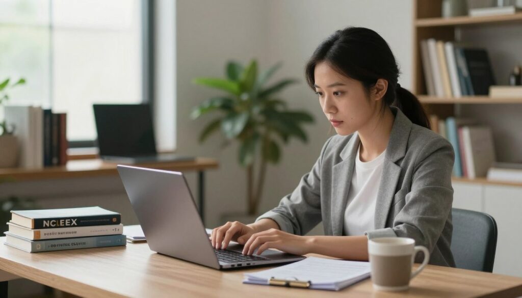 A well-lit, modern home office scene depicting a professional individual, dressed in business casual attire, focused on taking an online NCLEX exam on a laptop. In the foreground, the person’s face is illuminated softly by the glow of the screen, with a look of concentration. The middle ground includes a neatly organized desk with study materials, such as textbooks and notes, and a coffee mug, symbolizing the transition to online testing due to COVID-19. In the background, a shelf filled with nursing books and an indoor plant adds a touch of warmth to the space. Soft natural light filters through a window, creating an atmosphere of calm determination. The overall mood conveys the resilience of nursing students adapting to a new normal in exam-taking. A well-lit, modern home office scene depicting a professional individual, dressed in business casual attire, focused on taking an online NCLEX exam on a laptop. In the foreground, the person’s face is illuminated softly by the glow of the screen, with a look of concentration. The middle ground includes a neatly organized desk with study materials, such as textbooks and notes, and a coffee mug, symbolizing the transition to online testing due to COVID-19. In the background, a shelf filled with nursing books and an indoor plant adds a touch of warmth to the space. Soft natural light filters through a window, creating an atmosphere of calm determination. The overall mood conveys the resilience of nursing students adapting to a new normal in exam-taking.