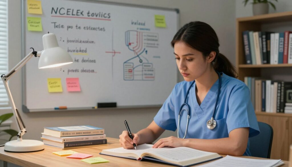 A well-lit study room filled with nursing textbooks open on a desk, colorful sticky notes with tips scattered around. In the foreground, a focused female nursing student in professional attire is sitting at the desk, studying intently, with a determined expression on her face. In the middle ground, a whiteboard filled with test-taking strategies and diagrams related to NCLEX preparation, showcasing concepts like prioritization and critical thinking skills. The background features a cozy yet scholarly atmosphere with soft lighting, including a desk lamp casting warm light, and a shelf filled with nursing resources. Overall, the image conveys an atmosphere of focus and diligence, inspiring viewers to adopt effective study habits and strategies.