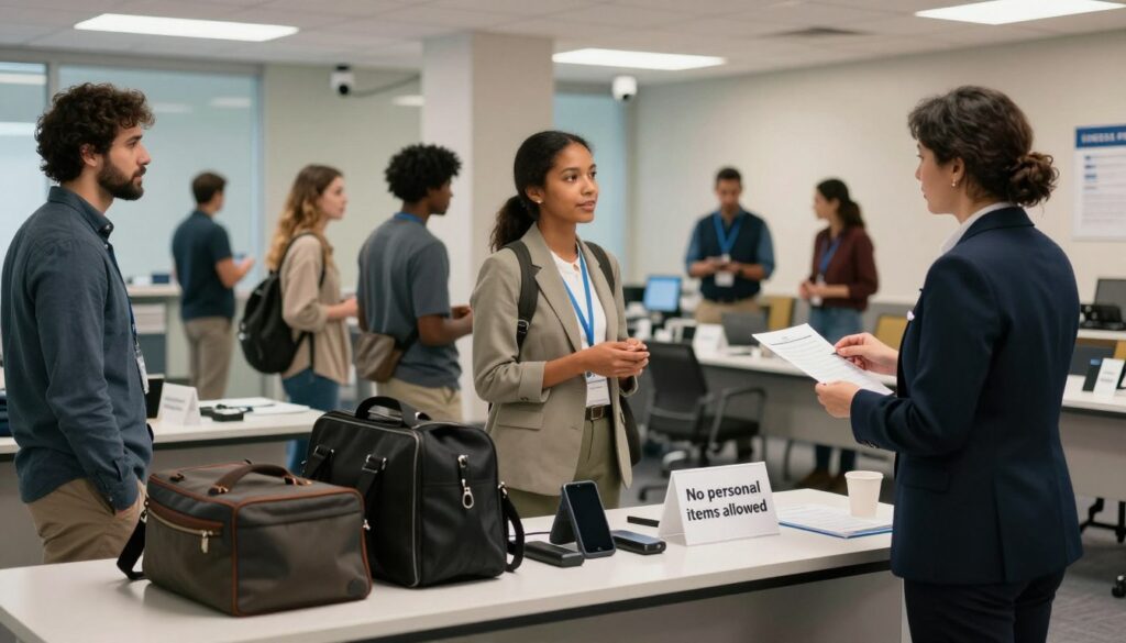 A well-organized NCLEX check-in area, focusing on security measures related to personal items and electronic devices. In the foreground, a professional-looking table displays items like bags, electronic devices, and a sign indicating 'No personal items allowed'. In the middle ground, a diverse group of candidates, dressed in business casual attire, interacts with a friendly proctor, who explains the check-in process. The background reveals a brightly lit testing center with security cameras and personnel monitoring the area. Soft, ambient lighting enhances the professional atmosphere, while a slight depth of field blur emphasizes the interaction in the foreground, conveying a sense of security and order during the check-in process. A well-organized NCLEX check-in area, focusing on security measures related to personal items and electronic devices. In the foreground, a professional-looking table displays items like bags, electronic devices, and a sign indicating 'No personal items allowed'. In the middle ground, a diverse group of candidates, dressed in business casual attire, interacts with a friendly proctor, who explains the check-in process. The background reveals a brightly lit testing center with security cameras and personnel monitoring the area. Soft, ambient lighting enhances the professional atmosphere, while a slight depth of field blur emphasizes the interaction in the foreground, conveying a sense of security and order during the check-in process.