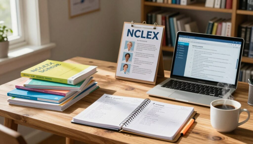 A well-organized NCLEX daily study schedule displayed on a large wooden desk, showcasing color-coded study materials, textbooks, and a laptop with NCLEX practice questions open. In the foreground, a neatly arranged planner with handwritten notes and a highlighter rests beside a steaming mug of coffee. In the middle, a motivational poster featuring nursing icons and key study tips hangs on the wall behind the desk. The background features a soft-focus bookshelf filled with nursing resources, creating a cozy yet academic atmosphere. Warm, natural light streams in through a nearby window, casting gentle shadows and enhancing the inviting mood. The overall scene radiates focus, determination, and professionalism, ideal for aspiring nurses preparing for the NCLEX exam.