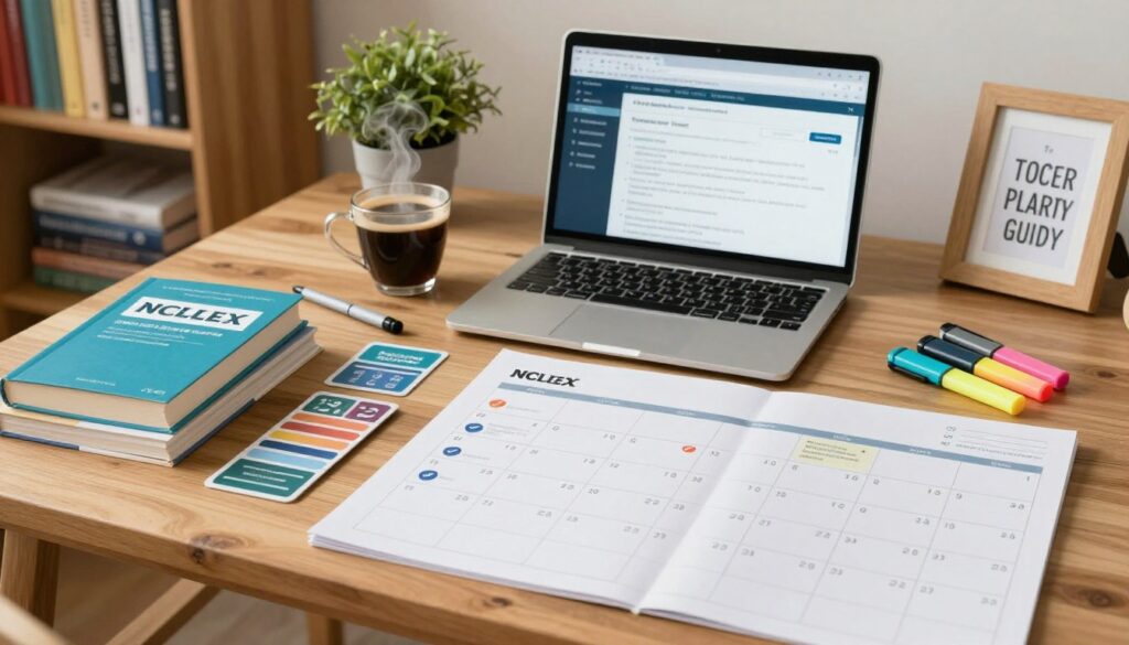 A well-organized NCLEX study planner laid out on a wooden desk, featuring neatly arranged study materials including books, flashcards, and colorful highlighters. In the foreground, a large wall calendar pinpoints important study goals and dates, with checkmarks indicating completed tasks. The middle ground shows an open laptop displaying nursing resources, with a steaming cup of coffee beside it. In the background, soft, warm lighting creates a cozy atmosphere, highlighting a bookshelf filled with nursing textbooks. A desktop plant adds a touch of life, and a motivational quote frame subtly leans against the wall. The overall mood is focused and encouraging, perfect for setting realistic study goals. A well-organized NCLEX study planner laid out on a wooden desk, featuring neatly arranged study materials including books, flashcards, and colorful highlighters. In the foreground, a large wall calendar pinpoints important study goals and dates, with checkmarks indicating completed tasks. The middle ground shows an open laptop displaying nursing resources, with a steaming cup of coffee beside it. In the background, soft, warm lighting creates a cozy atmosphere, highlighting a bookshelf filled with nursing textbooks. A desktop plant adds a touch of life, and a motivational quote frame subtly leans against the wall. The overall mood is focused and encouraging, perfect for setting realistic study goals.