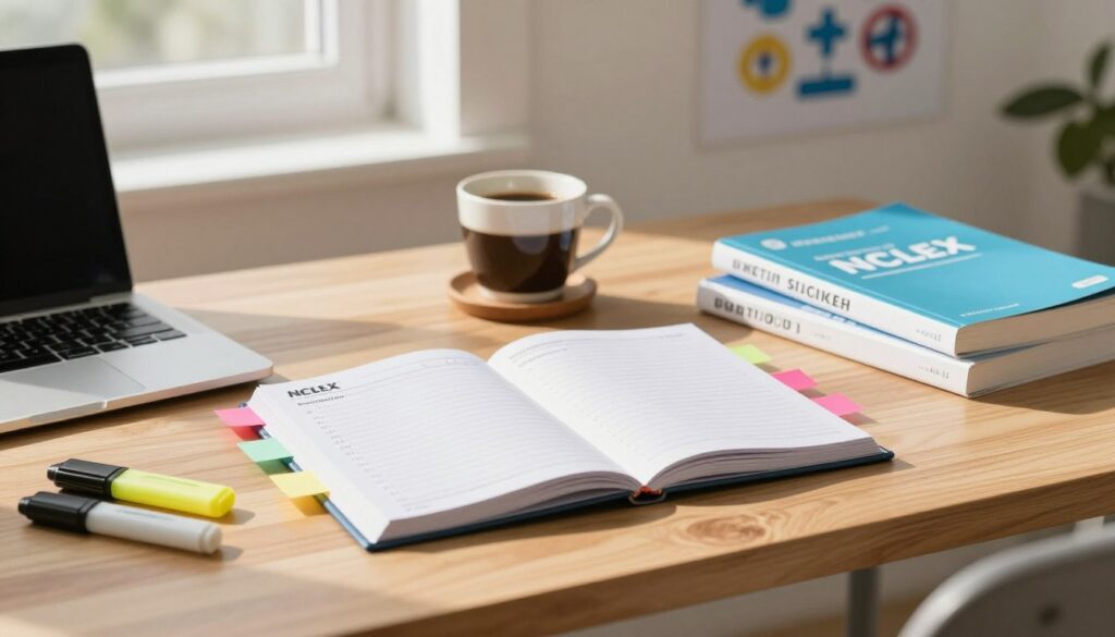 A well-organized NCLEX study schedule displayed on a wooden desk, with a planner open and colorful sticky notes arranged around it. The foreground features neatly arranged study materials – a laptop, a stack of nursing textbooks, and highlighters. In the middle ground, a cup of coffee provides a warm touch. The background showcases a bright, sunlit room with a motivational wall poster featuring nursing symbols. Soft shadows cast by the midday sunlight create a calm and focused atmosphere. A shallow depth of field adds emphasis to the study materials while giving the room a soft blur. Overall, the image conveys a sense of preparation and dedication, making it ideal for illustrating the concept of creating a study schedule.