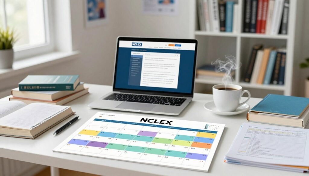 A well-organized NCLEX study schedule displayed prominently on a clean, open desk, surrounded by study materials like books and notes. The foreground highlights a colorful calendar with time blocks labeled for various subjects and study techniques. In the middle, a laptop shows an online resource, while a cup of coffee steam suggests a focused study atmosphere. The background features a neatly arranged bookshelf filled with nursing textbooks and motivational posters. Soft, natural lighting filters through a window, creating an inviting and calm environment that promotes productivity. The overall mood is inspiring and professional, reflecting dedication and the importance of effective time management for exam success. A well-organized NCLEX study schedule displayed prominently on a clean, open desk, surrounded by study materials like books and notes. The foreground highlights a colorful calendar with time blocks labeled for various subjects and study techniques. In the middle, a laptop shows an online resource, while a cup of coffee steam suggests a focused study atmosphere. The background features a neatly arranged bookshelf filled with nursing textbooks and motivational posters. Soft, natural lighting filters through a window, creating an inviting and calm environment that promotes productivity. The overall mood is inspiring and professional, reflecting dedication and the importance of effective time management for exam success.