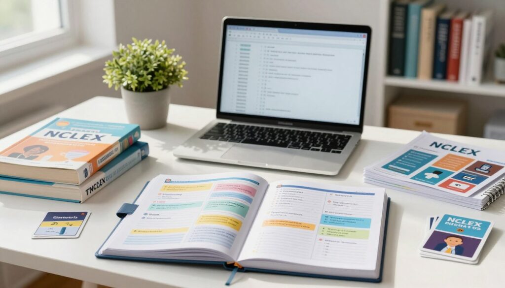 A well-organized NCLEX test preparation schedule displayed on a clean, white desk. The foreground features a large planner opened to a colorful weekly layout, including sections for studying different subjects like Pharmacology, Nursing Theory, and Practice Questions. Beside the planner, there are neatly arranged study materials, such as textbooks and flashcards. In the middle of the image, a laptop shows diagnostic test results, with a soft glow reflecting on the desk. The background features a calming study space with a bookshelf filled with nursing reference books and a potted plant for a touch of greenery. Natural light streams through a nearby window, creating a focused and motivating atmosphere, perfect for effective study sessions. The overall mood is serious and organized, ideal for productive exam preparation. A well-organized NCLEX test preparation schedule displayed on a clean, white desk. The foreground features a large planner opened to a colorful weekly layout, including sections for studying different subjects like Pharmacology, Nursing Theory, and Practice Questions. Beside the planner, there are neatly arranged study materials, such as textbooks and flashcards. In the middle of the image, a laptop shows diagnostic test results, with a soft glow reflecting on the desk. The background features a calming study space with a bookshelf filled with nursing reference books and a potted plant for a touch of greenery. Natural light streams through a nearby window, creating a focused and motivating atmosphere, perfect for effective study sessions. The overall mood is serious and organized, ideal for productive exam preparation.