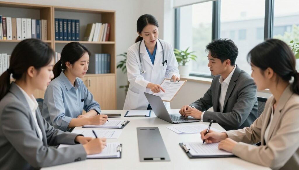 A well-organized and professional nursing license application process scene, set in a bright, inviting office environment. In the foreground, a diverse group of individuals in professional business attire are focused on filling out application forms at a sleek conference table, surrounded by neatly stacked papers, pens, and a laptop. In the middle ground, a nurse educator, wearing a lab coat, provides guidance and support, pointing to a checklist on a clipboard. The background features shelves filled with nursing textbooks and a large window allowing natural light to flood the room, creating a warm and encouraging atmosphere. The image is captured using a wide-angle lens, emphasizing the collaborative energy and clarity of the nursing license application journey.