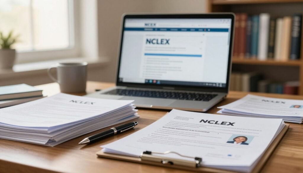 A well-organized desk setting that showcases various identification documents related to the NCLEX, such as state licenses, photo IDs, and application papers. In the foreground, detailed close-ups of neatly stacked documents, a polished pen, and a clipboard resting on a wooden surface, reflecting soft natural light. The middle ground features a computer screen displaying a webpage with NCLEX guidelines blurred slightly to keep the focus on the documents. In the background, an inviting study environment with bookshelves filled with nursing textbooks and a window letting in warm, diffused sunlight, creating a professional and academic atmosphere. The overall mood should convey clarity and focus, ideal for understanding states-specific requirements for identification.
