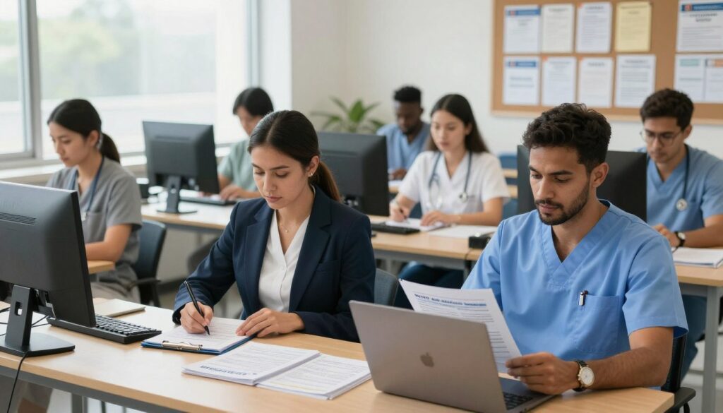 A well-organized examination room featuring a diverse group of professional individuals engaged in a mock NCLEX English proficiency test. In the foreground, a confident female nurse, dressed in a smart business suit, takes notes on a clipboard, while a male nurse beside her reviews a practice test on a laptop, both showcasing focused expressions. The middle ground presents several exam booths, each equipped with a computer and test materials, surrounded by soft natural light filtering through large windows. In the background, a bulletin board displays various approved English language test certificates and educational resources, creating a scholarly atmosphere. The scene conveys a sense of determination and preparation for language proficiency, with an emphasis on professionalism and collaboration. A well-organized examination room featuring a diverse group of professional individuals engaged in a mock NCLEX English proficiency test. In the foreground, a confident female nurse, dressed in a smart business suit, takes notes on a clipboard, while a male nurse beside her reviews a practice test on a laptop, both showcasing focused expressions. The middle ground presents several exam booths, each equipped with a computer and test materials, surrounded by soft natural light filtering through large windows. In the background, a bulletin board displays various approved English language test certificates and educational resources, creating a scholarly atmosphere. The scene conveys a sense of determination and preparation for language proficiency, with an emphasis on professionalism and collaboration.