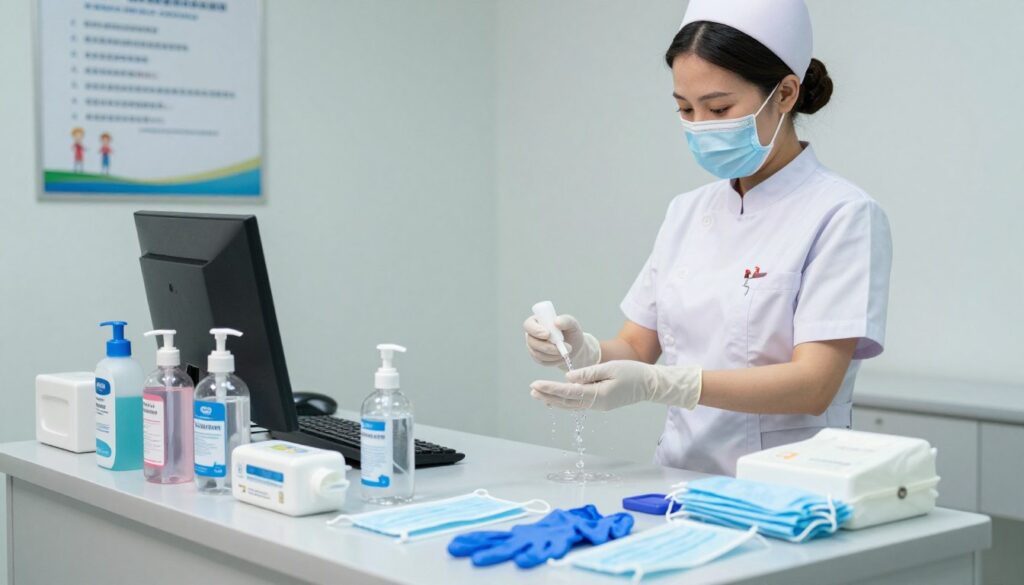 A well-organized examination room showcasing common infection control measures. In the foreground, prominently display a sterile workstation with various infection control supplies, such as hand sanitizer, gloves, masks, and disinfectant wipes laid out neatly. In the middle ground, depict a nurse in professional attire, practicing proper hand hygiene and demonstrating the use of personal protective equipment (PPE), such as gloves and a mask. In the background, illustrate a poster on the wall detailing essential infection control protocols, with soft, diffused lighting to create a calm and professional atmosphere. The camera angle should be slightly elevated, capturing the nurse’s actions clearly while ensuring the entire scene is well-lit and inviting, emphasizing a sense of safety and care in healthcare settings. A well-organized examination room showcasing common infection control measures. In the foreground, prominently display a sterile workstation with various infection control supplies, such as hand sanitizer, gloves, masks, and disinfectant wipes laid out neatly. In the middle ground, depict a nurse in professional attire, practicing proper hand hygiene and demonstrating the use of personal protective equipment (PPE), such as gloves and a mask. In the background, illustrate a poster on the wall detailing essential infection control protocols, with soft, diffused lighting to create a calm and professional atmosphere. The camera angle should be slightly elevated, capturing the nurse’s actions clearly while ensuring the entire scene is well-lit and inviting, emphasizing a sense of safety and care in healthcare settings.