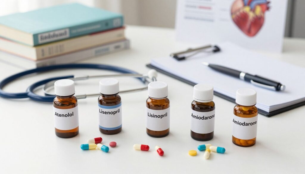A well-organized flat lay of various common cardiac medications arranged artfully on a clean, white surface. In the foreground, depict pill bottles labeled with clear medical names like "Atenolol," "Lisinopril," and "Amiodarone," alongside capsules and tablets in vibrant colors. The middle ground features a stethoscope and a notepad with a pen, symbolizing nursing practice. In the background, softly blurred, includes a stack of medical textbooks and a heart diagram, conveying a study atmosphere. Use bright, natural lighting to create a warm, inviting mood that suggests focus and professionalism. The angle should be slightly elevated for a comprehensive view, emphasizing clarity and organization. The overall ambiance should be calm and educational, perfect for a nursing review setting.