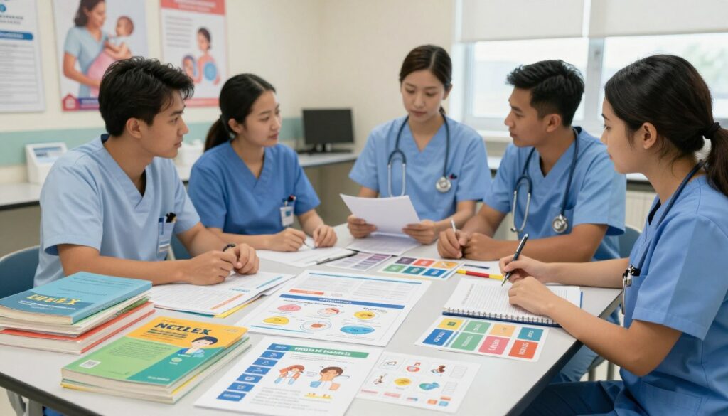 A well-organized, informative study guide for NCLEX maternity topics, featuring essential information on labor and delivery. In the foreground, a neatly arranged table is filled with colorful study materials including textbooks, flashcards, and diagrams specifically highlighting labor stages and delivery techniques. In the middle, a diverse group of nursing students in professional attire is engaged in discussion, reviewing content together, showcasing collaboration and focus. The background displays a softly lit classroom environment with educational posters on maternal care and childbirth. The overall atmosphere is one of diligence and enthusiasm for learning, with warm, inviting lighting that enhances the mood of engagement and preparation. The image captures the essence of nursing education, emphasizing the importance of understanding labor and delivery essentials.
